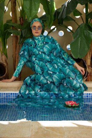 Gemusterter Single-Kaftan-Pareo auf Hijab-Badeanzug Hawaii 430-133 Grün - 6