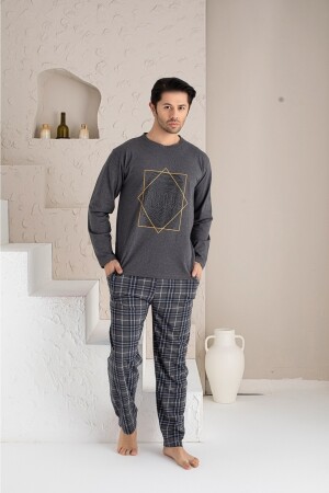 Gemustertes Herren-Pyjama-Set mit langen Ärmeln und Rundhalsausschnitt RMC0069 - 1