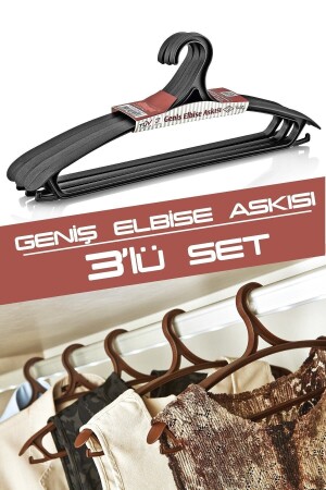 Geniş Elbise Askısı (Palto Askısı) 3'lü Set - Antrasit - 2