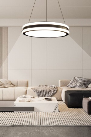 Geniş Model Tek Halkalı Siyah Led Avize, 3 Renk Aydınlatmalı, Kumandalı Modern Avize, Salon Avizesi 3005 - 8