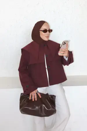 Geniş Yaka Oversize Ceket Bordo - Nuuwears