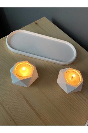 Geometrik Tealight Beton Mumluk- Oval Tabaklı Dekoratif Hediyelik Set Ham Beyaz - 1