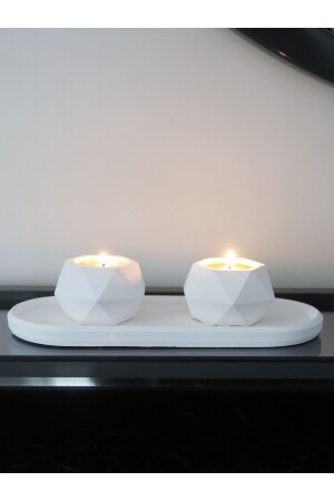 Geometrik Tealight Beton Mumluk- Oval Tabaklı Dekoratif Hediyelik Set Ham Beyaz - 3