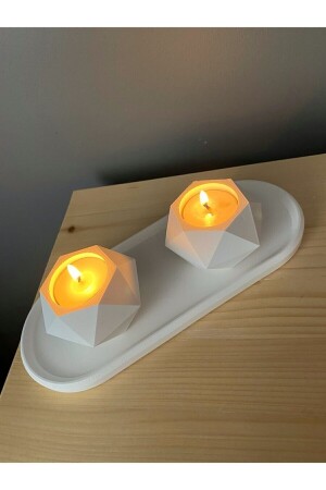 Geometrik Tealight Beton Mumluk- Oval Tabaklı Dekoratif Hediyelik Set Ham Beyaz - 4