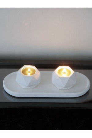 Geometrik Tealight Beton Mumluk- Oval Tabaklı Dekoratif Hediyelik Set Ham Beyaz - 5