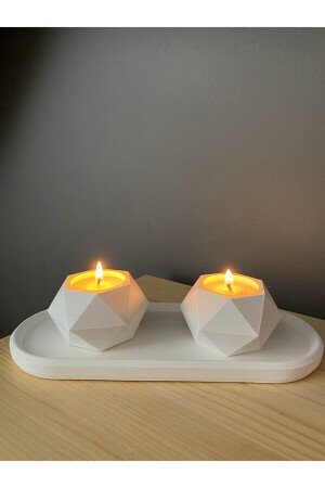 Geometrik Tealight Beton Mumluk- Oval Tabaklı Dekoratif Hediyelik Set Ham Beyaz - 6