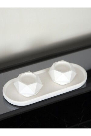 Geometrik Tealight Beton Mumluk- Oval Tabaklı Dekoratif Hediyelik Set Ham Beyaz - 8