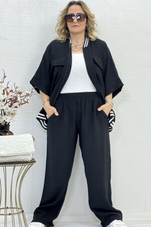 GERIPPTER TASCHEN-REISSVERSCHLUSS, DREI-VIERTEL-ÄRMEL, PLUS-SIZE-DOPPELANZUG AUS AEROBIN-STOFF - Yagmurberen