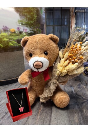 Geschenk für Liebhaber, braune Teddybär-Schmetterlings-Halskette und süßer Blumenstrauß - 1