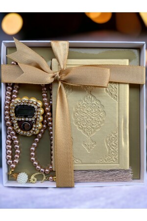 Geschenk-Set aus Thermo-Leder im Taschenformat mit goldfarbenen Koransteinen und Bibel-Gebetsperlen - 1