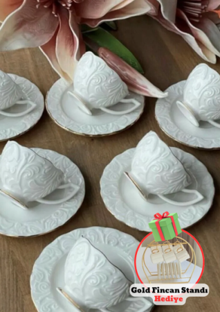 Geschenkartikel İpek Porzellan 6-Personen-Porzellan-Kaffeetassen-Set & General Brands Goldfarbener Tassenhalter Goldfarbener Tassenständer 6-teilige Präsentation Goldfarbener Tassenständer - İpek Porselen
