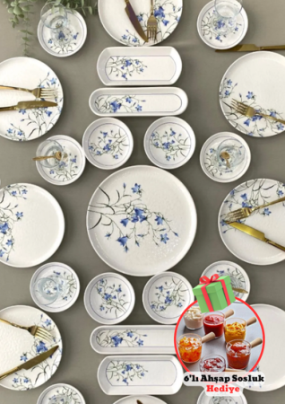 Geschenkartikel Yiğit Keramikglaswaren Çiğdem Blaues Modell 25-teiliges Frühstücksset für 8 Personen Frühstücksset & Küchenleben 6-teiliges Holzgriff-Marmeladenschüssel-Saucenschüssel Tischpräsentations-Frühstücksset - 80 ml - Yiğit Seramik Züccaciye