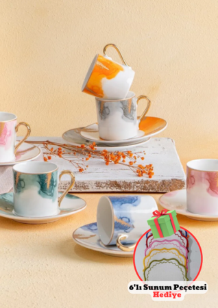 Geschenkprodukt Acar Brush 6-Personen-Kaffeetassen-Set aus Porzellan in Frühlingsfarbe und bestickte Galatatex-Cocktailservietten, 6-teilig - Acar