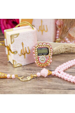 Geschenkset mit Mini-Koran und luxuriösem Chanting-Maker aus Stein und Gebetsperlen aus Perlen – Rosa - 3