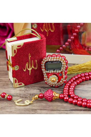 Geschenkset mit Mini-Koran und luxuriösem Chanting-Maker aus Stein und Perlen-Gebetsperlen – Rot - 4