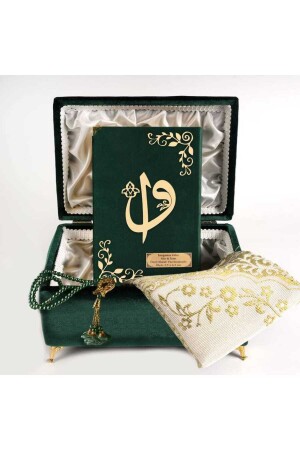 Gestreifte Box Mitgiftbox – Gebetsteppich + Gebetsperlen + Koran-Geschenkset (Hafiz-Größe – Samt – Grün – Elif-Vav) - 4