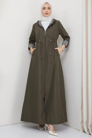 Gestreifter langer Trenchcoat mit Kapuze, Khaki HM2332 - 1