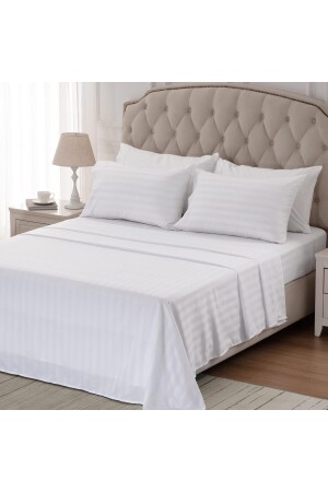 Gestreiftes Baumwollsatin-Doppelbettbezug-Set mit elastischen Laken, Hotel-weiße Farbe, Baumwolle, luxuriös, VESSİNO202110001 - 2