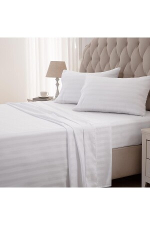 Gestreiftes Baumwollsatin-Doppelbettbezug-Set mit elastischen Laken, Hotel-weiße Farbe, Baumwolle, luxuriös, VESSİNO202110001 - 3