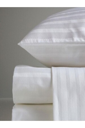 Gestreiftes Baumwollsatin-Doppelbettbezug-Set mit elastischen Laken, Hotel-weiße Farbe, Micro Lux V2022NEVMİCÇİFT01 - 4