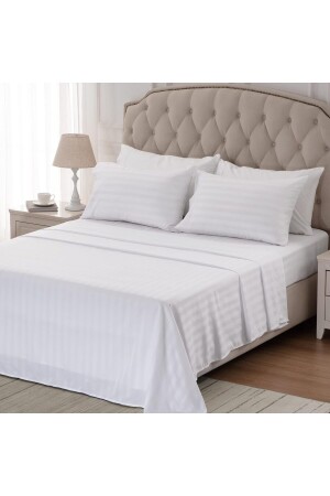 Gestreiftes Baumwollsatin-Doppelbettbezug-Set mit elastischen Laken, Hotel-weiße Farbe, Micro Lux V2022NEVMİCÇİFT01 - 1