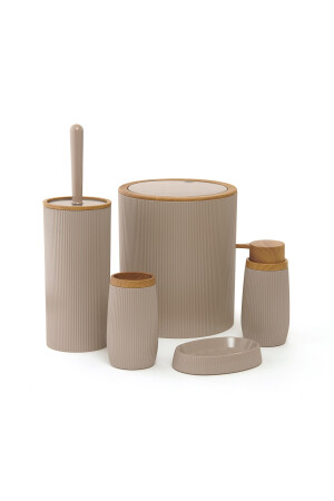 Gestreiftes rundes 5-teiliges Badezimmer-Set aus Holz – Beige 03OKN127. - 3