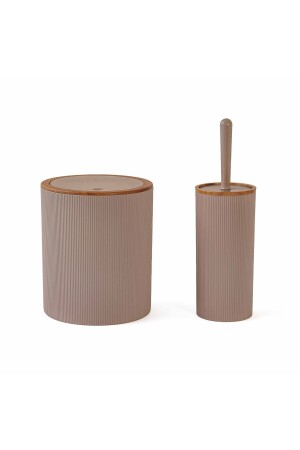 Gestreiftes, rundes, gemustertes Badezimmerzubehör-Set aus Holz, 2-teilig – Beige 03OKN139 - 5