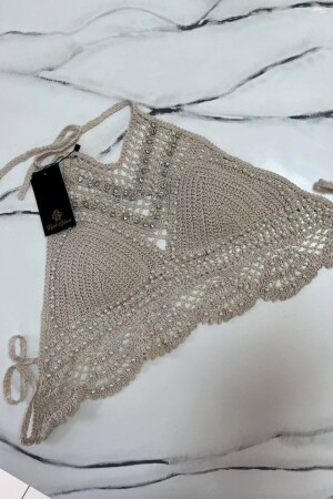 Gestricktes Bralette-Bustier für Damen mit gehäkelter Rückseite und Krawatte in Ecru - 5