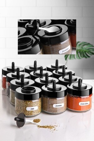 Gewürzschüssel-Set mit 12 Deckeln, Löffel und Etikett – 300 ml – Gewürzset mit Glaslöffel AMENTESFATSPICE BAKER - 2