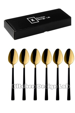 Glänzend goldschwarzer Dessert- und Eislöffel, 6-teilig, verpackt, Frühstückslöffel-Set aus Edelstahl. Goldschwarzer Dessertlöffel, 6-teilig - 6