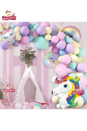 Gökkuşağı Konsepti Unicorn Temalı Makaron Balon Doğum Günü Parti Kutlama Seti ideaksasn10 - 1