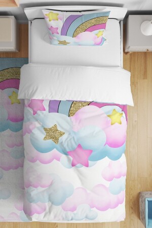 Gökkuşağı Pembe Mavi Bulutlar Desenli Tek Kişilik Bebek Çocuk Nevresim Takımı evnev00161 - Evpanya
