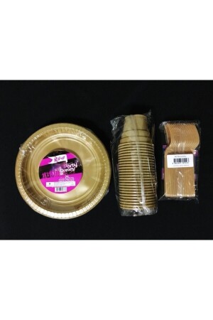 Gold Altın Tabak Bardak Çatal Set Plastik 25 Kişilik Tg-869560-1 14SUS-807 - 1