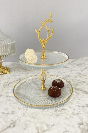 Gold Detaylı Cam Katlı Kurabiyelik & Sunumluk Katlı Tabak - May Home