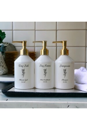 Gold Kapaklı Beyaz Plastik Şişe 3’lü Banyo Seti Şampuan, Saç Kremi, Duş Jeli Etiketli 500 ml TYC00674238865 - 2