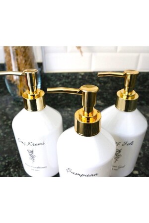 Gold Kapaklı Beyaz Plastik Şişe 3’lü Banyo Seti Şampuan, Saç Kremi, Duş Jeli Etiketli 500 ml TYC00674238865 - 4