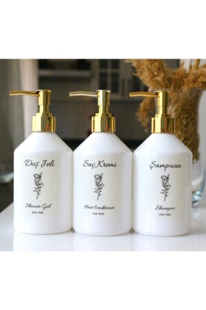 Gold Kapaklı Beyaz Plastik Şişe 3’lü Banyo Seti Şampuan, Saç Kremi, Duş Jeli Etiketli 500 ml TYC00674238865 - 5