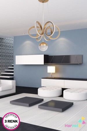 Gold Kasa 3 Renk Yanabilen Şeker Camlı Modern Ledli Avize - Harnelli