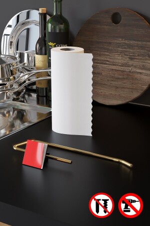 Gold Paslanmaz Dolu Çelik- Kağıt Rulo Havluluk- Peçetelik- Yapışkanlı Tasarım- Banyo Askısı - 6