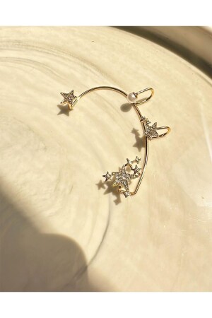 Gold Renk Tekli Zirkon Taşlı Incili Yıldız Earcuff Kıkırdak Küpe - Bahels