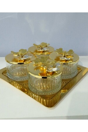 Gold Tepsili 4 Lü Elysi Cam Görünümlü Kapakli Çerezlik Tatlilik Gold Renk Lux MNL5488899 - 1