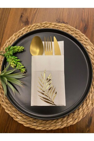 Gold Yaldızlı Beyaz Yaprak Cepli Aır Touch Peçete 12 Lı 40x40 - Kidspartim