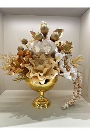 Goldene runde Vase mit künstlichen Blumen Nr. 1 - 2