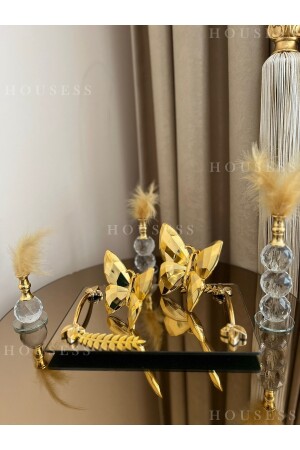 Goldenes Tablett mit Blattdetail, 3-teiliger goldener Federhalter und 2-teilige goldene Schmetterlingsfigur als Ornament HSS-DKRSET - 3