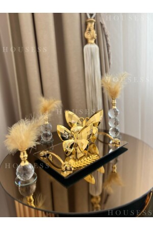 Goldenes Tablett mit Blattdetail, 3-teiliger goldener Federhalter und 2-teilige goldene Schmetterlingsfigur als Ornament HSS-DKRSET - 5