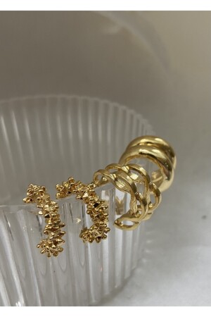 Goldfarbenes 6-teiliges Set aus Kette und flachen Ohrringen, Standard - 2
