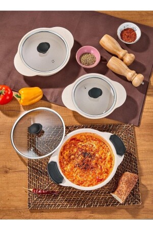 Granit Plus 3-teiliges Topfset mit aufsteckbarem/abnehmbarem Silikongriff, cremefarben, TYC00853040305 - Taç