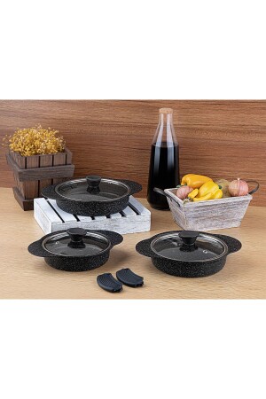مجموعة من الـ MNZ-Granit Plus 3- Piece Pan Set مع معقب سليكون قابل للتشبك TAC-3521 الأسود - Taç