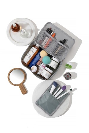 Grau – Make-up-Tasche mit 4 Fächern für Pflege, Reisen, Make-up und Kosmetik - 2