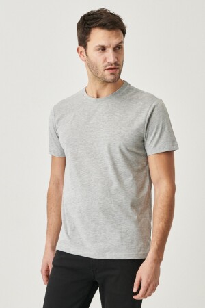 Grau meliertes Herren-T-Shirt aus Baumwolle mit schmaler Passform und schmalem Schnitt und Rundhalsausschnitt - 1